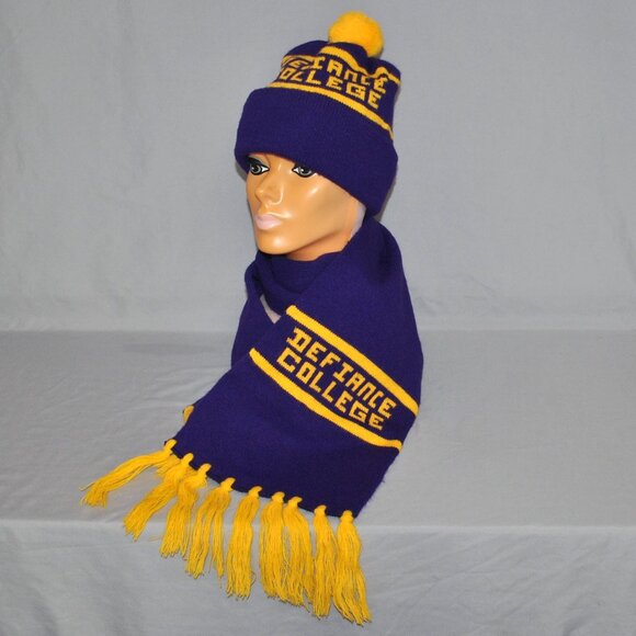 Vintage Defiance College Hat & Scarf Set Retro Purple & Gold Logo Pom-pom Hat - Picture 1 of 7